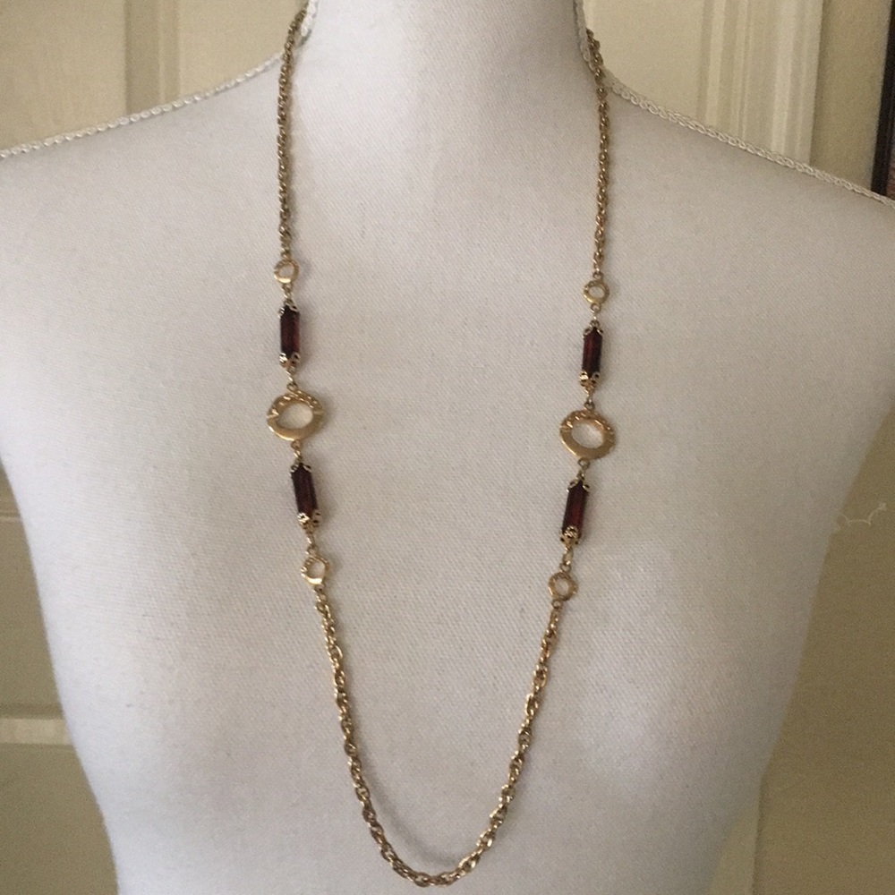 Sarah Coventry long gold necklace with Amber beads